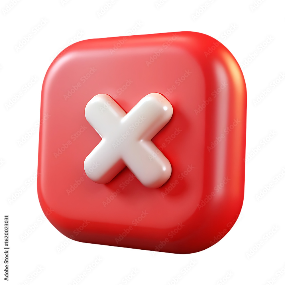 Obraz premium Red square button with a white cross mark symbol isolated on transparent background