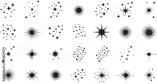 Collection of Sparkling Star Icons and Graphic Elements for Festive and Magical Designs in Black and White