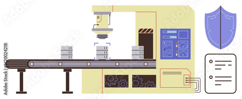 Conveyor system transporting items into a robotic inspection unit with a shield and checklist. Ideal for manufacturing, quality control, safety, production, industry, technology, innovation. Simple