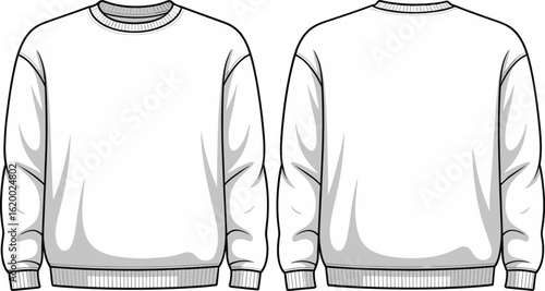 Front and back view of a plain, blank white oversized crew neck sweatshirt for mock-up on white background
