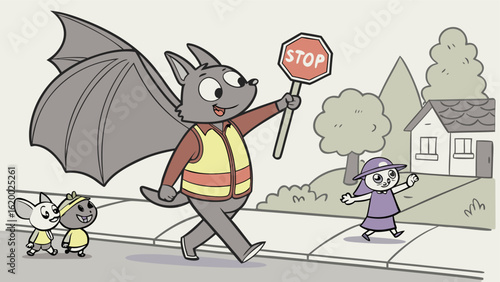 Friendly bat crossing guard safely guides children and a little girl across the street with a stop sign on a sunny day