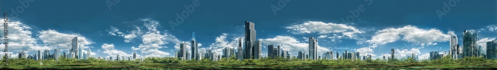 Vibrant Urban Skyline with Lush Greenery Under a Clear Blue Sky Vibrant Urban Skyline with Lush Greenery Under a Clear Blue Sky