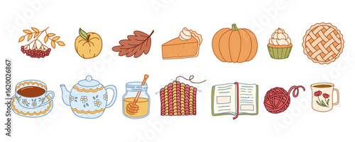 Cozy Autumn Clipart Set, Pumpkin Pie, Tea, Yarn, Books, Fall Leaves and Fruits, Vector Hand-drawn Illustrations for Stickers, Prints, Planners