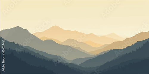 Mountain landscape with morning fog misty hills and blue sky sunrise view