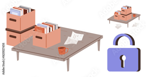 Cardboard boxes filled with books and documents on a table, papers scattered, and a red mug nearby. Ideal for office organization, document filing, data management, GDPR, security, online storage