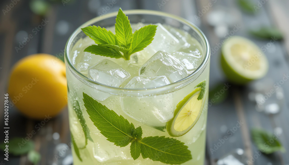 Fototapeta premium Refreshing mint lemonade with ice cubes – summer vibe