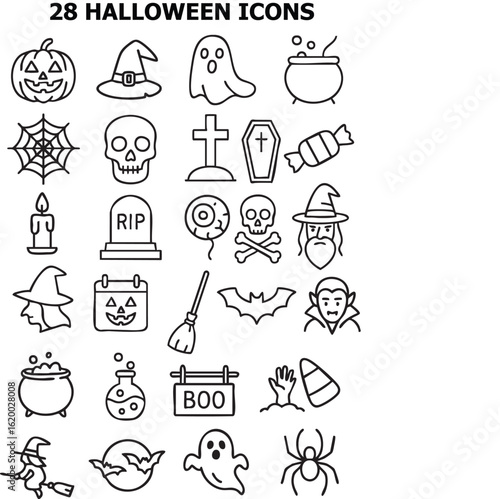 A vibrant display of Halloween icons featuring ghosts, pumpkins, witches, bats, and skulls, creating an enchanting atmosphere filled with holiday spirit and playful eeriness.