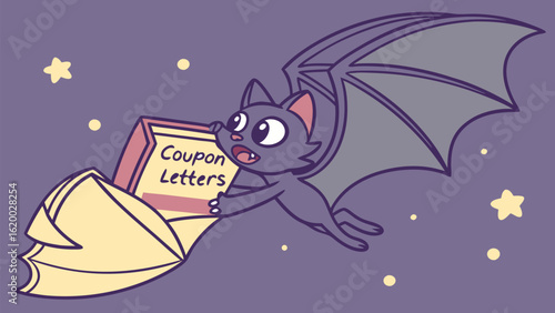 Cute cartoon bat flying through the night sky delivering a stack of coupon letters with excitement and wonder