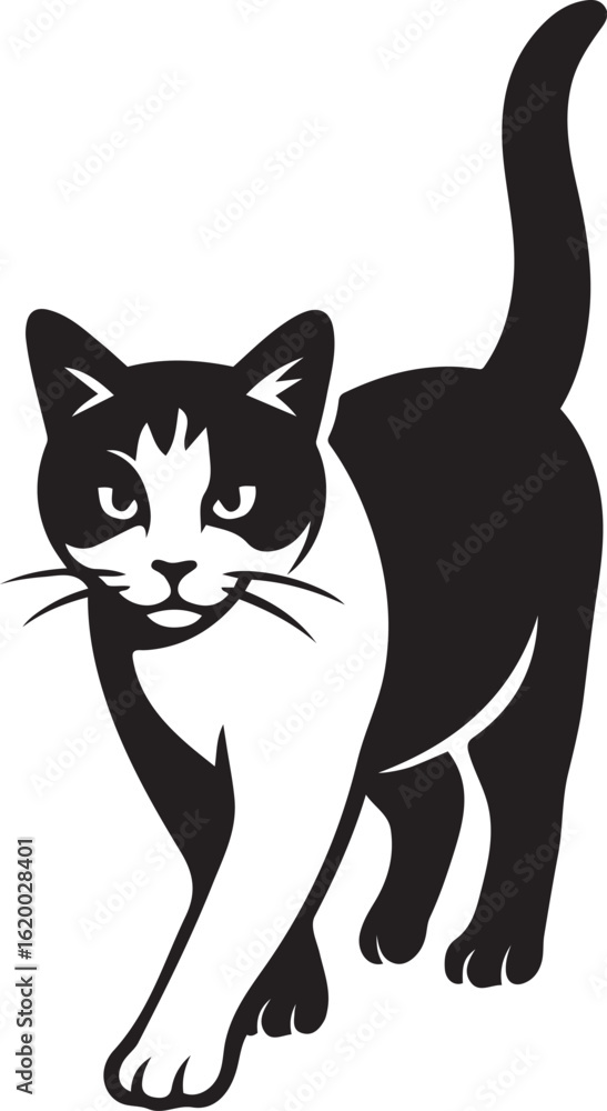 Obraz premium Walking cat black and white illustration, Stylized feline vector on white background