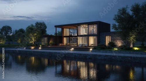 Vibrant photo of 3d rendering of modern house by the river at evening.