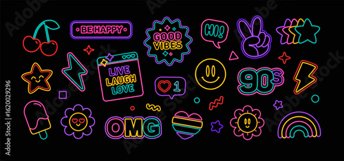 90s Neon Sticker Set – Retro Kawaii Icons, Smiley Faces, Good Vibes and Colorful Vector Signs. Neon signs and positive quotes, smiley faces, cherries, rainbows, hearts, stars, social media icons