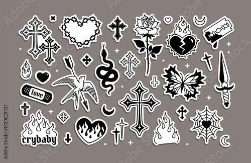 Gothic Tattoo Style Stickers – Y2K Emo Aesthetic, Crosses, Hearts, Flames and More – Editable Vector Set. Black and White Vintage Crybaby and Punk Stickers in Y2K Dark aesthetic style