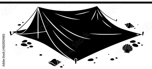 Tarp stretched out on grass Tarp hanging from tree branch Tarp covering boat Tarp folded packed away Tarp draped over fence Tarp used as picnic mat