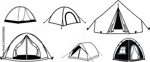 Camping Tent Silhouette Clip art, Black and White Line art Tent, Outdoor Adventure Vector Illustration.