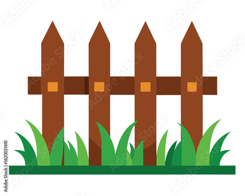 A brown wooden fence with green grass isolated on white background Ai Generated