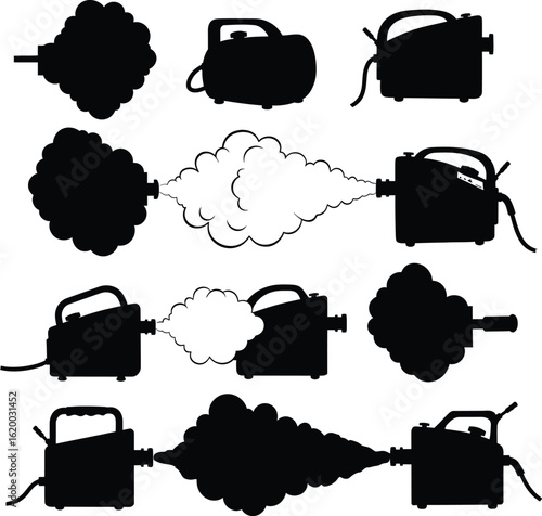 Silhouettes of Fog Machines: A Diverse Collection of Industrial and Home Fog Generators, Depicting Various Models and Their Distinct Emission Patterns for Theatrical, Event.