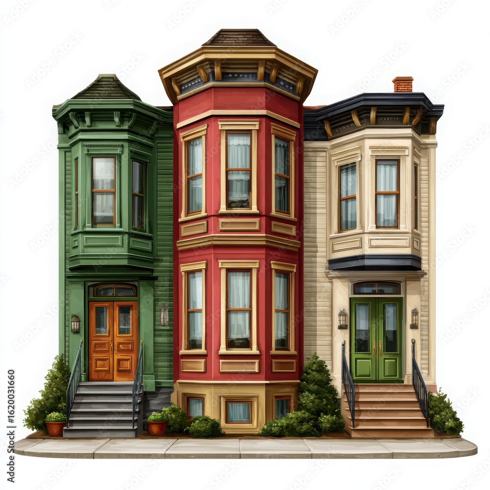Fototapeta premium Colorful row houses with bay windows and front porches