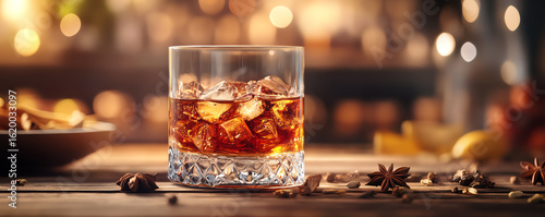 A beautifully crafted whiskey glass with ice, surrounded by spices and a warm, inviting bar atmosphere.