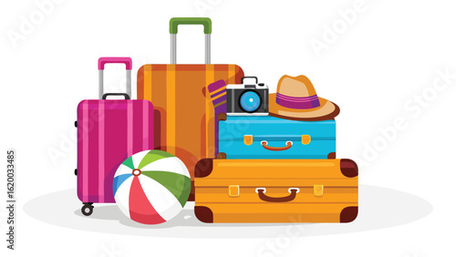 Illustration of stacked suitcases, a camera, a hat and a beach ball ready for a vacation trip