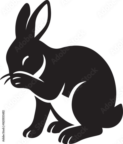Rabbit hiding face silhouette vector, Bunny in black design on white background