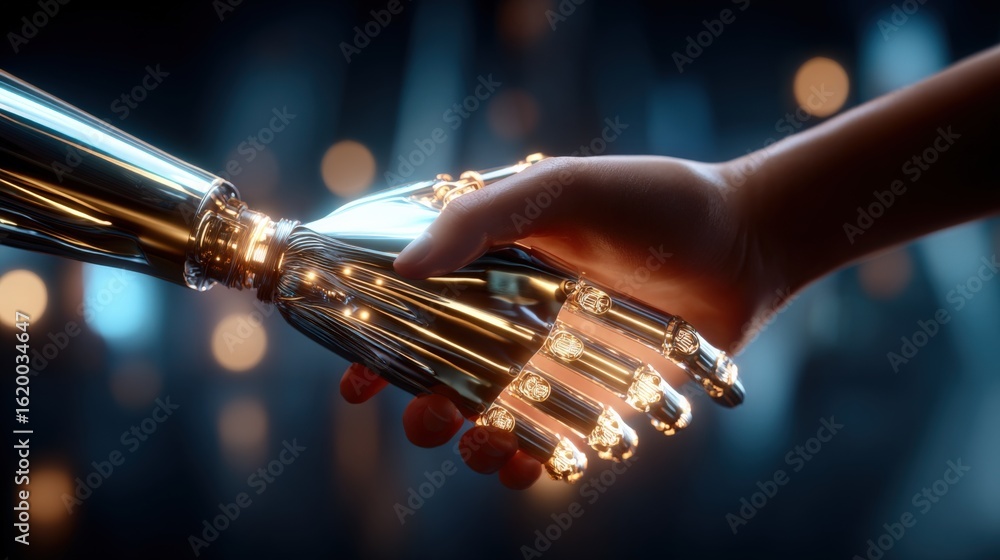 Obraz premium Futuristic Connection: Human and Robot Handshake Symbolizing Technology and Humanity