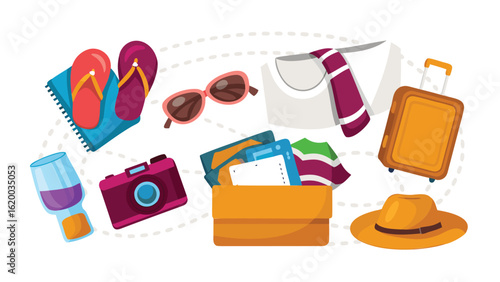 Illustration of vacation items including suitcase clothes camera and beach accessories scattered around