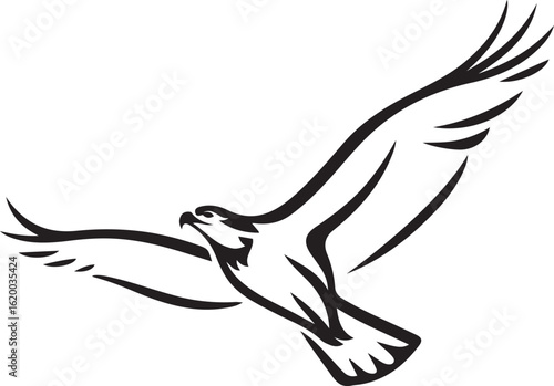 Minimalist bird of prey in flight design, Black and white raptor vector silhouette