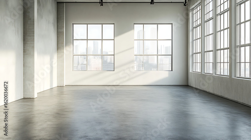 Interior of a bright room with large windows and a concrete floor casting shadows on the walls