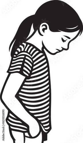 Girl silhouette with ponytail looking down, Female child vector art black and white