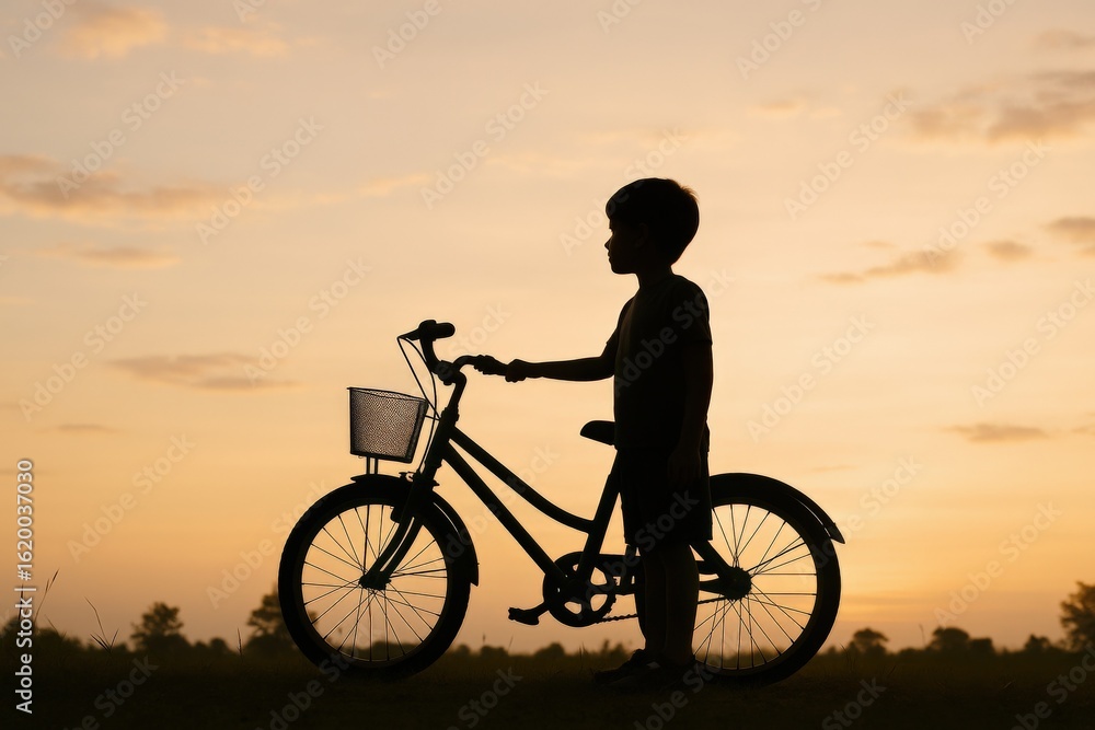 Fototapeta premium Silhouette of a Child with Bicycle Against a Sunset Sky: Capturing Innocence and Adventure