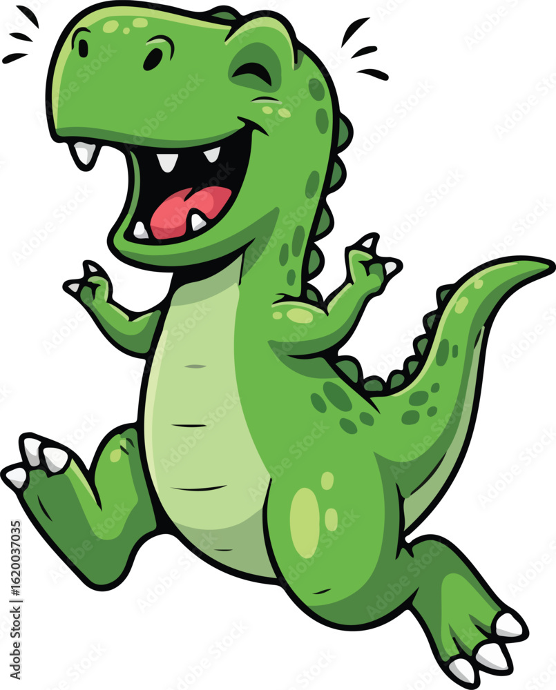 Naklejka premium A cartoon green dinosaur happily jumping and laughing out
