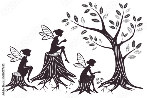 Magical woodland scene with three whimsical fairy silhouettes resting on tree stumps. A black and white vector graphic of fantasy creatures in a forest.