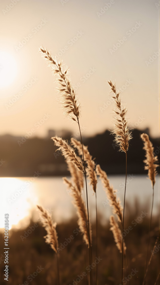 Fototapeta premium Reed grass grows near the water against the background of the setting sun