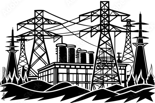 A black and white graphic illustration of a power plant with transmission towers and electrical pylons, symbolizing industrial energy generation.