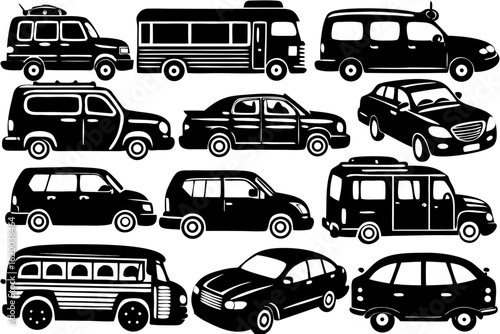 A diverse collection of road transportation vehicles in a black silhouette style. This set includes cars, buses, vans, and SUVs for various design concepts.