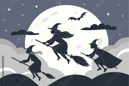 Silhouette illustration of three magical witches flying together as a coven on broomsticks under a starry sky with a large full moon.