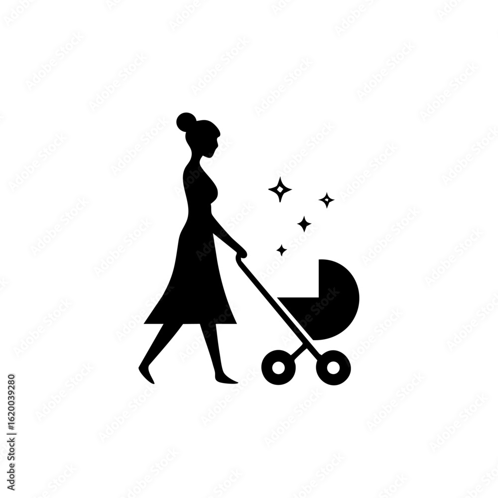Fototapeta premium Minimal black vector of a mother walking with a baby stroller under sparkles, representing care, femininity, and nurturing motherhood.