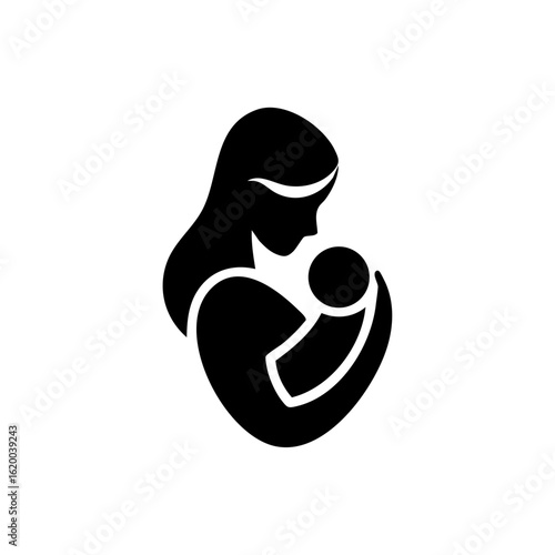 Stylized vector icon of a mother cradling a newborn baby in her arms, conveying love, care, and early maternal affection.
