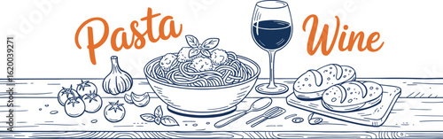 Hand-Drawn Italian Pasta and Wine Dinner: Rustic Culinary Illustration with a Bowl of Spaghetti, Red Wine, and Fresh Ingredients for Restaurant Menus and Food Blogs
