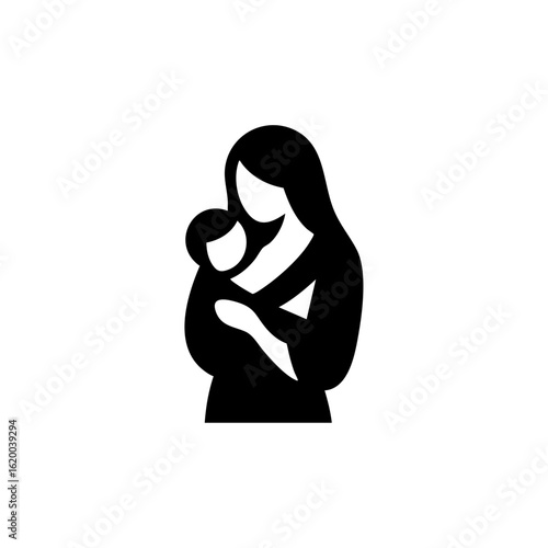 Vector logo showing a mother gently embracing her child, representing warmth, love, security, and maternal care in a modern minimalist style.

