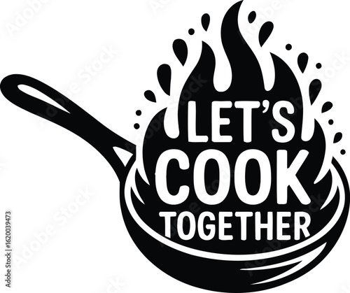 Let's Cook Together Logo Design: Bold Frying Pan with Flames Emblem for Cooking Classes, Culinary Blogs, and Community-Focused Restaurant Brands