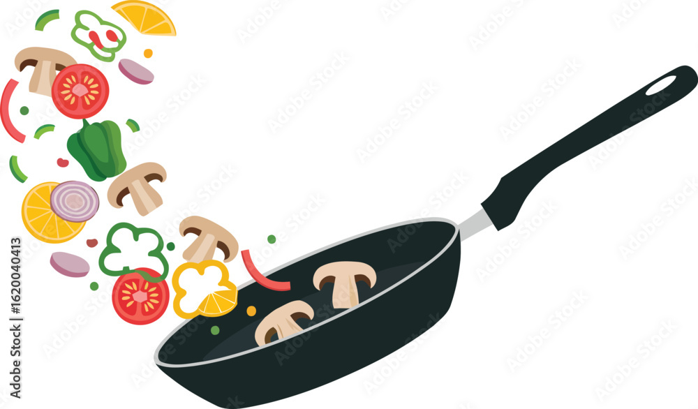 Bild auf Leinwand Vibrant Vegetables and Mushrooms in a Skillet: Healthy Cooking Illustration with