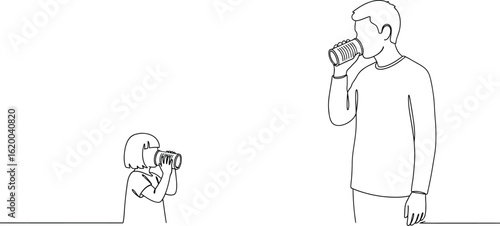 Tin can phone line art communication father daughter connection