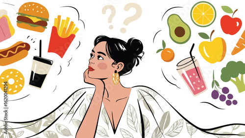 Woman Pondering Food Choices: Illustration of a Person Deciding Between Healthy Fruits, Vegetables, and Unhealthy Fast Food Options, Highlighting Diet and Lifestyle Decisions