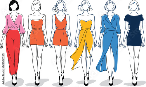 Diverse Women's Fashion Outfits Collection: Stylish Line Art Illustrations of Modern Clothing and Silhouettes for Apparel Design, Blogs, and Trend Forecasts