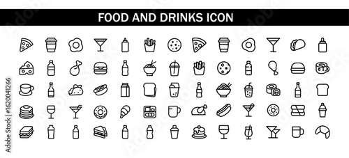 Set of Food and drinks icon . Contains such icons as burger, coffee, donut, bubble tea, pizza, , tea, desserts, beer, hot dog, sushi and rolls, coctail, energy, chicken leg with salad and more