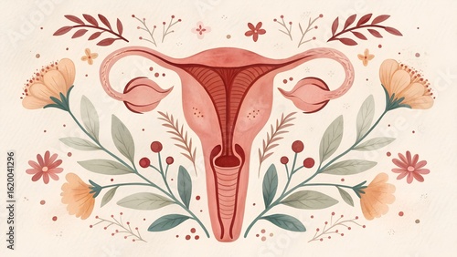 Floral uterus illustration celebrating female anatomy and fertility in vintage pastel style