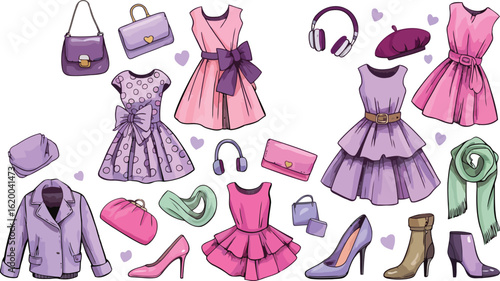 Stylish Women's Fashion Collection: Hand-Drawn Set of Pink and Purple Dresses, Bags, Shoes, and Accessories – Perfect for Lifestyle, Shopping, Beauty, and Apparel Design Concepts