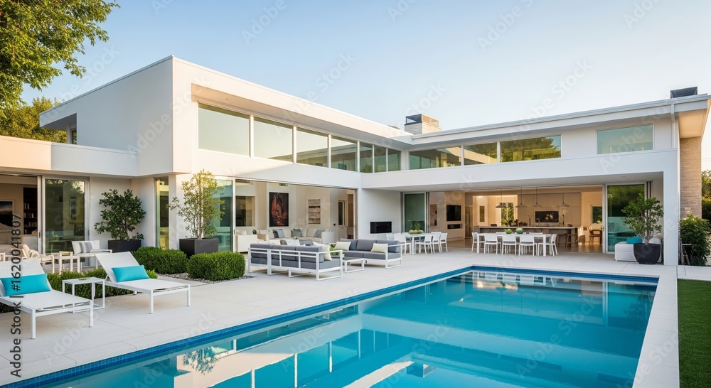 Fototapeta premium Modern luxury mansion with pool and outdoor seating area