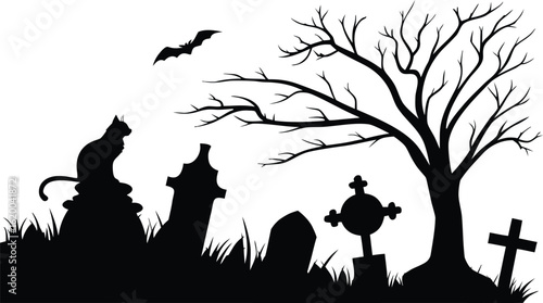 Spooky Cemetery at Night with Bare Trees, Flying Bats, and Gravestones in Eerie Black and White Art